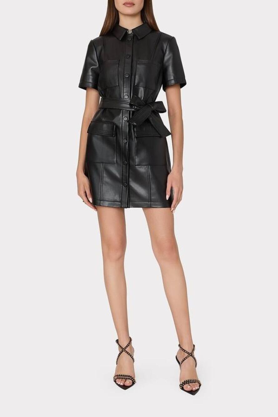 Milly Haven Black Vegan Leather Mini Shirt Dress Size 2 NWT Glamoratti Office